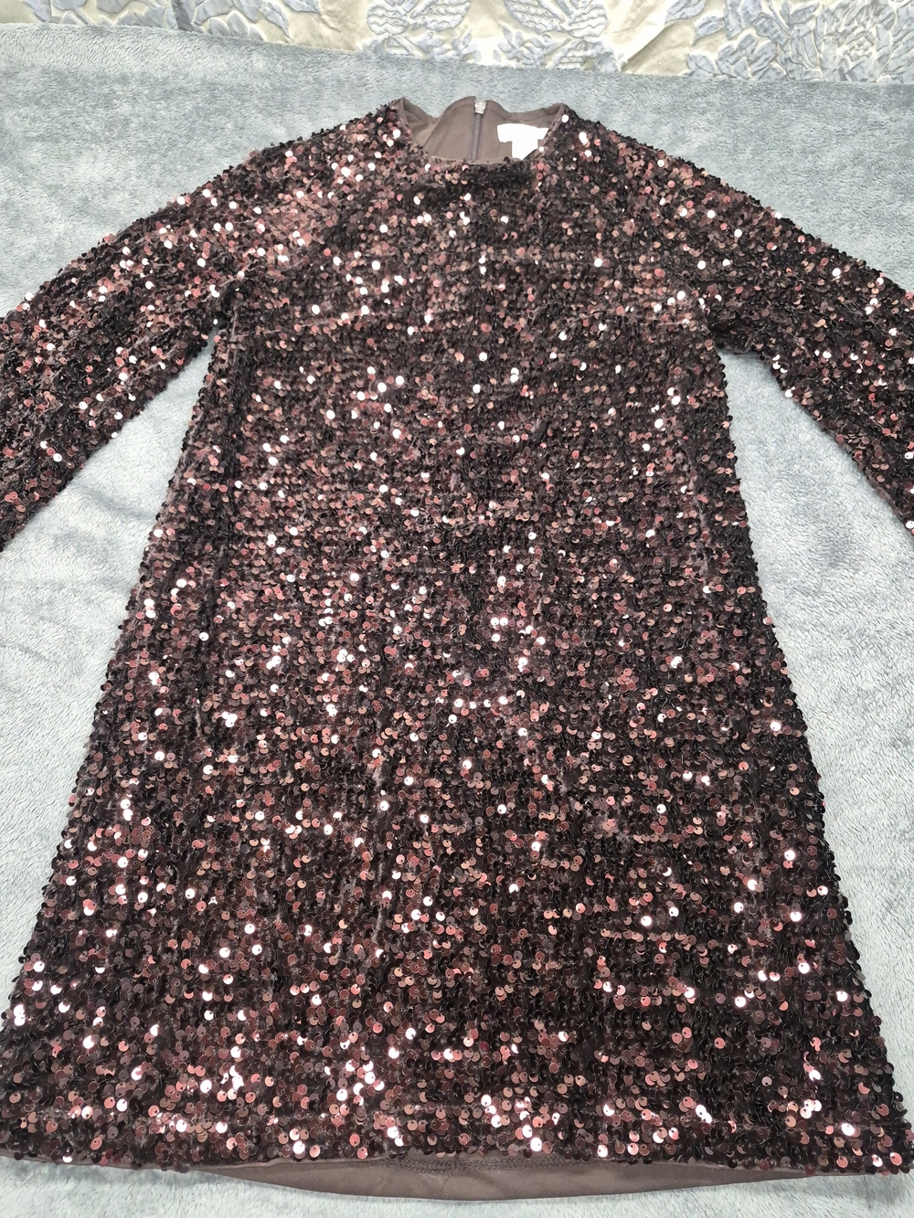 H&M Holidays Brown Copper Sequined Mini Dress Flared Sleeves Size XS